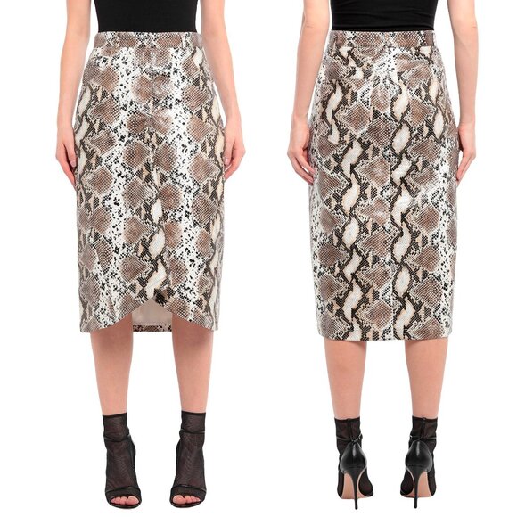 NWOT PushButton Taupe Beige Snakeskin Flared Asymmetrical Midi Skirt - Small - Picture 1 of 8